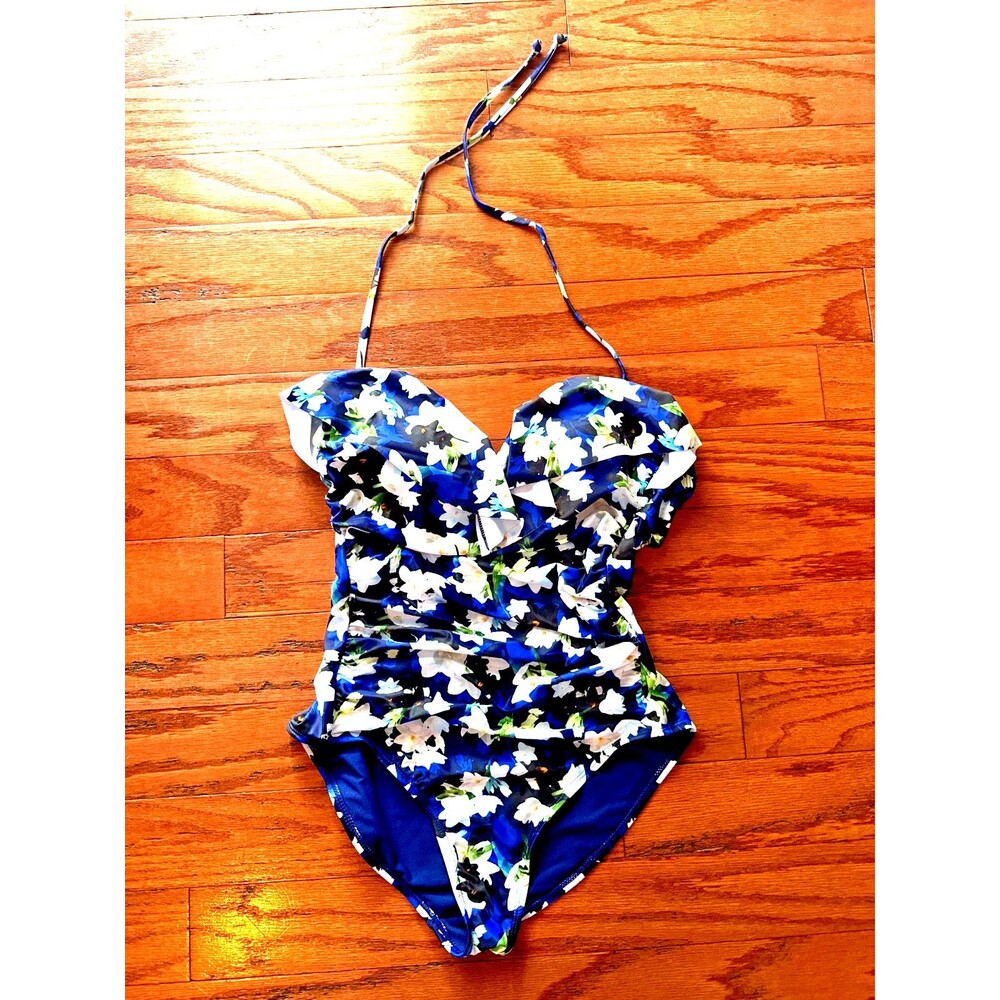 NICOLE MILLER S Blue Ditsy Floral Spaghetti Straps  Ruching 1 Pc Swimsuit